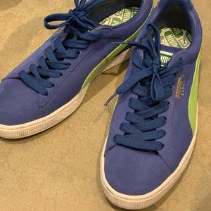 Puma Suede electric blue and lime sneakers
